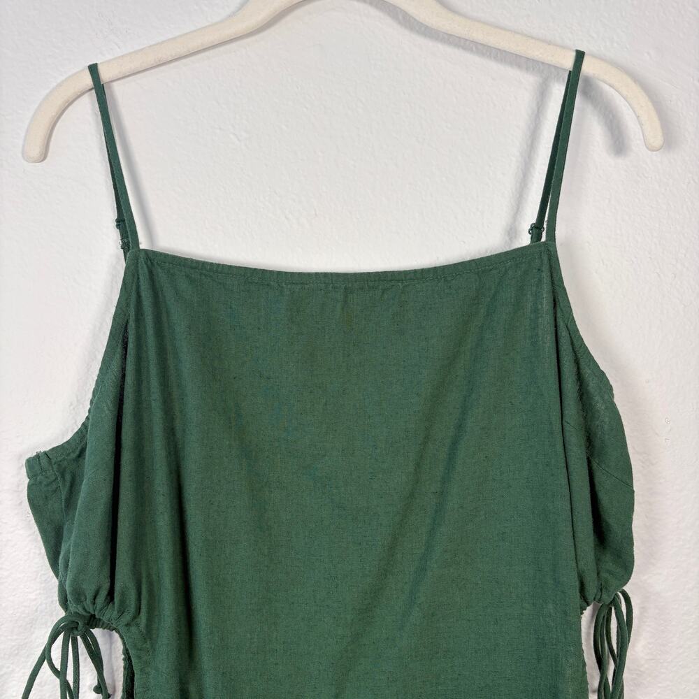 Aerie Natural Linen Blend Sycamore Green Square Neck Side Cut Out Mini Sun Dress - Picture 3 of 14